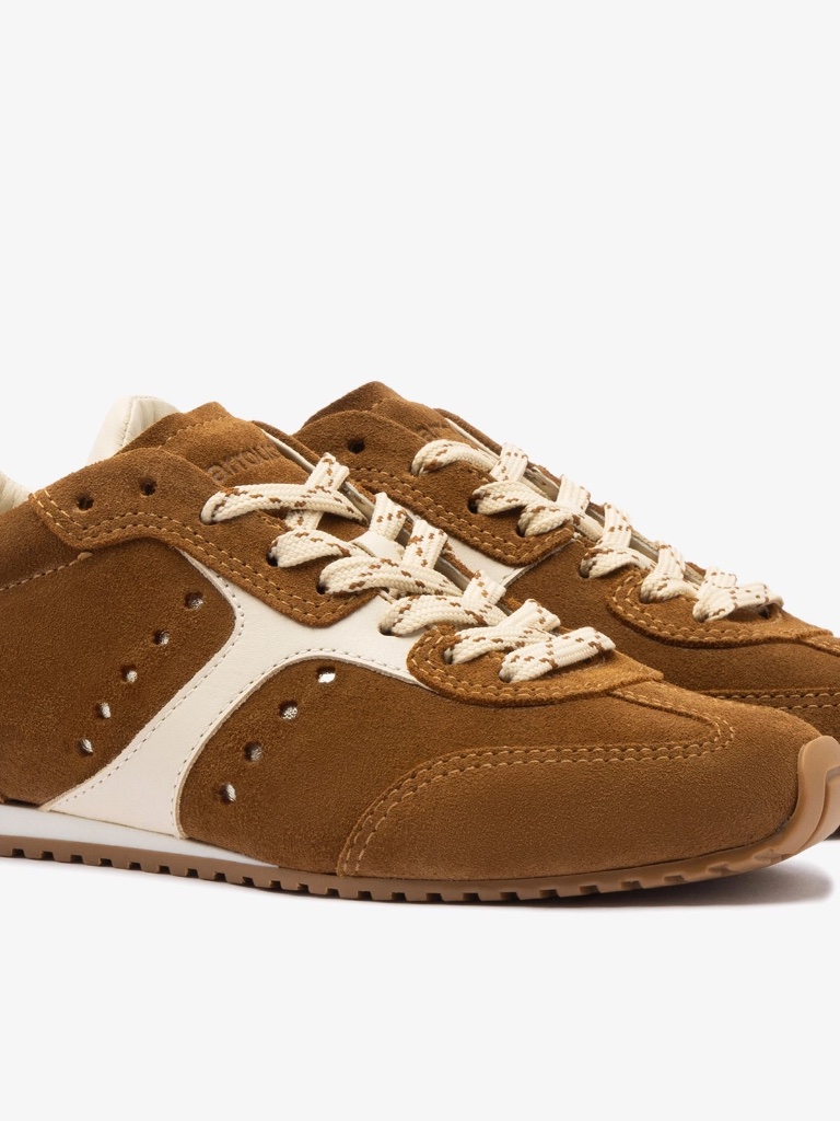 Larroude Stella Sneaker In Russet Suede And Ivory Leather Size 5.5